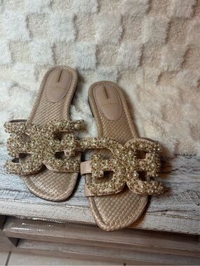 Sam Edelman Pearl-Embellished Beige Women’s Slide Sandals Size 7.5